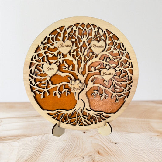 Arbre de vie en bois personnalisé sur socle – Cadeau familial unique à poser