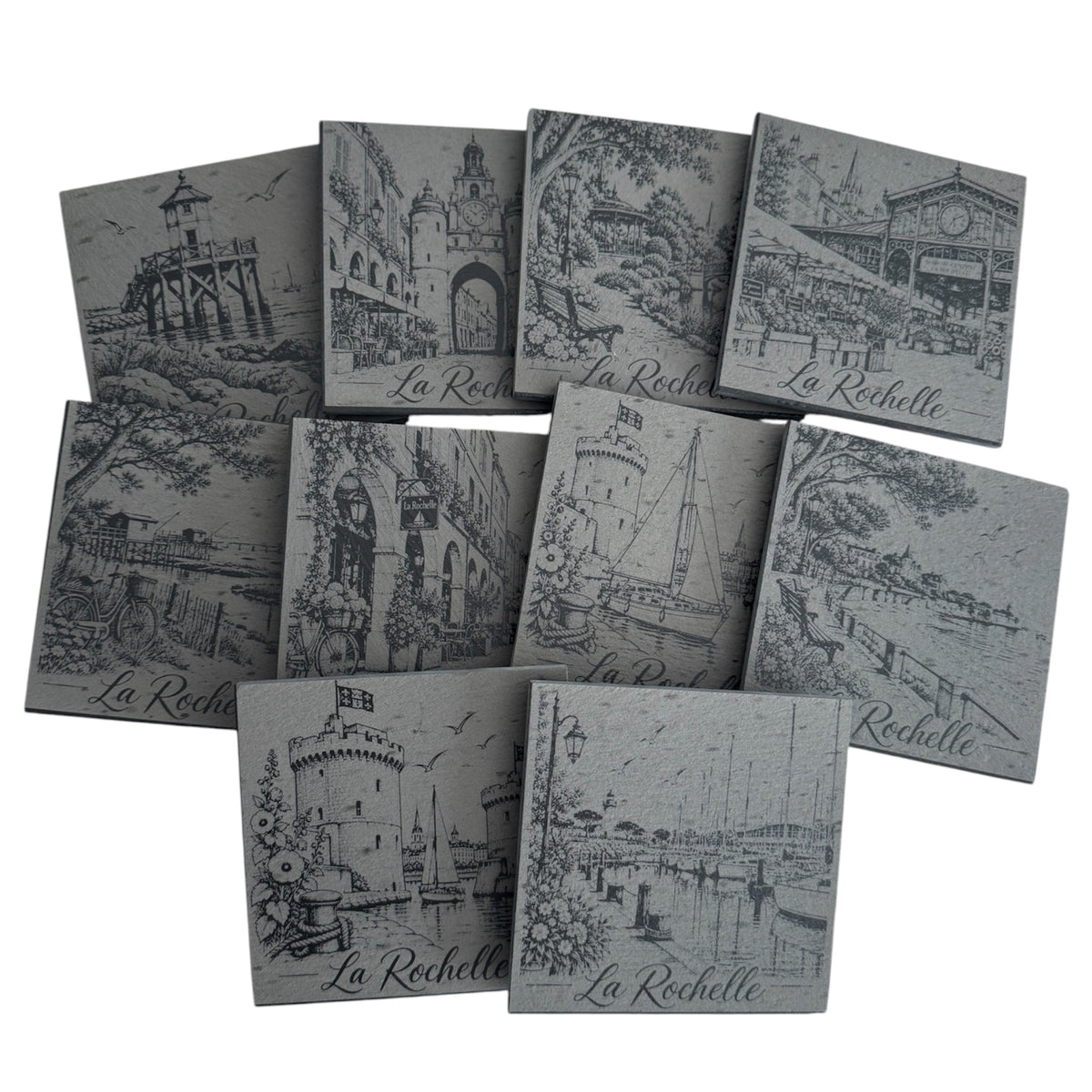 Collection de sous-verres en ardoise gravés sur le thème de La Rochelle