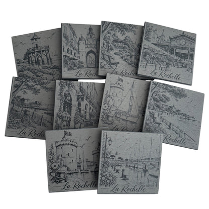Collection de sous-verres en ardoise gravés sur le thème de La Rochelle