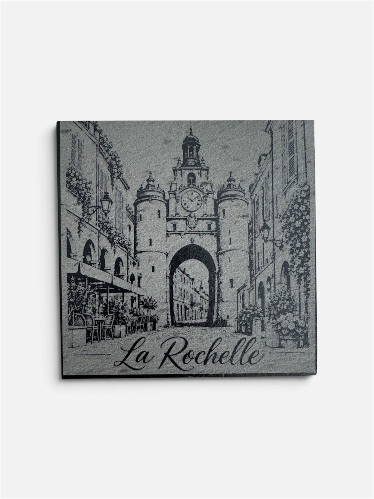 Sous-verre en ardoise gravé représentant la Grosse Horloge de La Rochelle