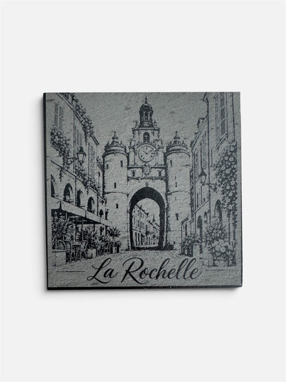 Sous-verre en ardoise gravé représentant la Grosse Horloge de La Rochelle
