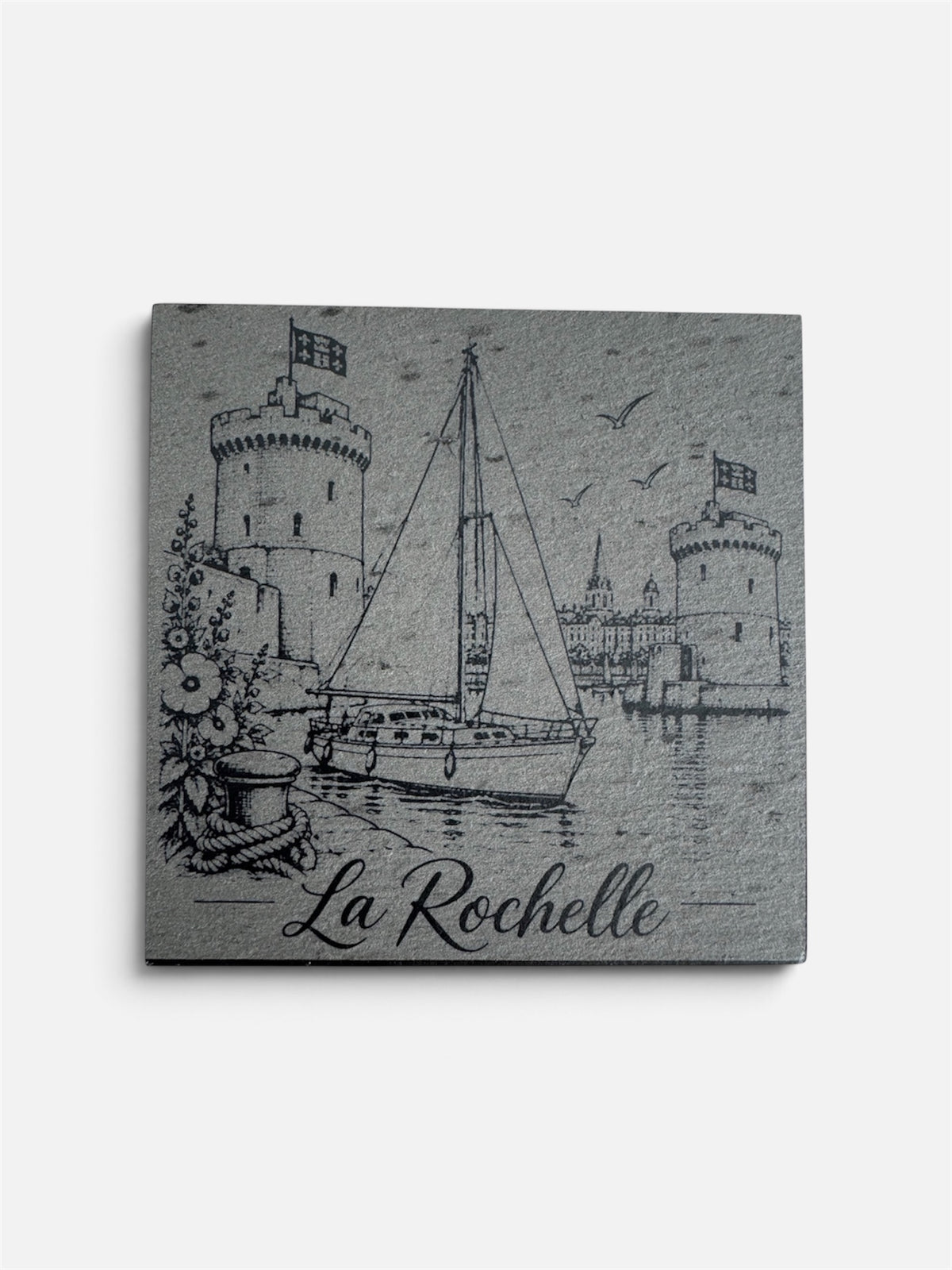 Sous-verre en ardoise gravé représentant le Port des Minimes à La Rochelle