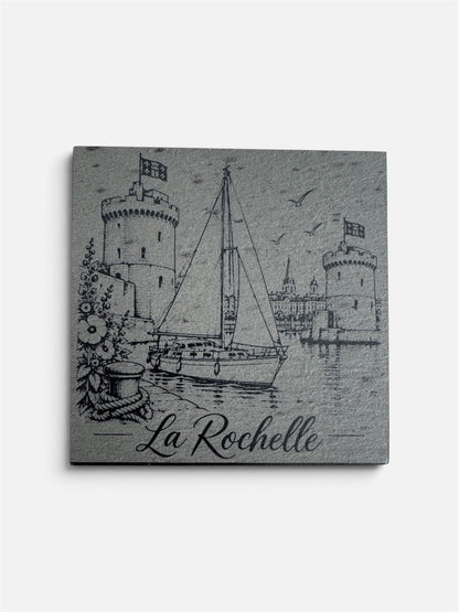 Sous-verre en ardoise gravé représentant le Port des Minimes à La Rochelle