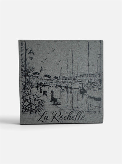 Sous-verre en ardoise gravé avec voiliers du port de La Rochelle