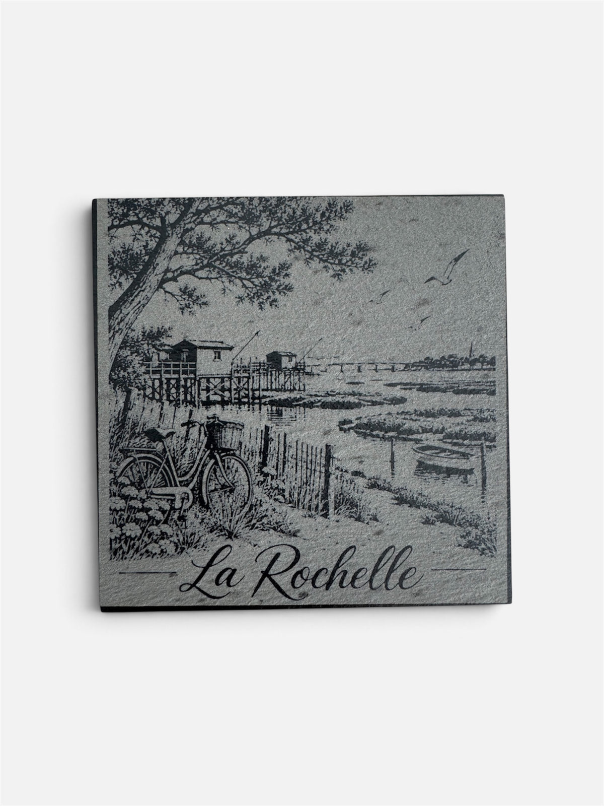 Sous-verre en ardoise gravé représentant la plage de la Concurrence à La Rochelle