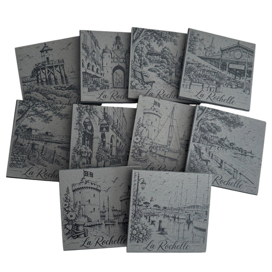 Collection de sous-verres en ardoise gravés sur le thème de La Rochelle - GreenbyMilie