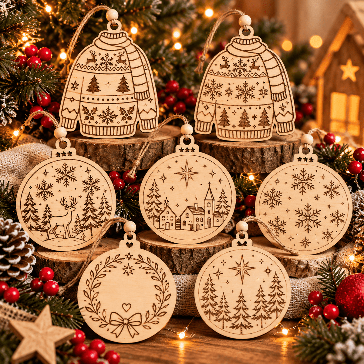 Suspensions de Noël en bois gravé – Boules et pulls personnalisables - GreenbyMilie